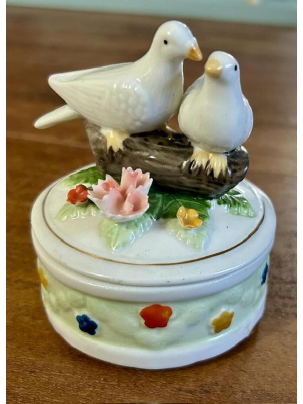 Royal Crown Vintage Porcelain Trinket Box with Birds and Floral Design
